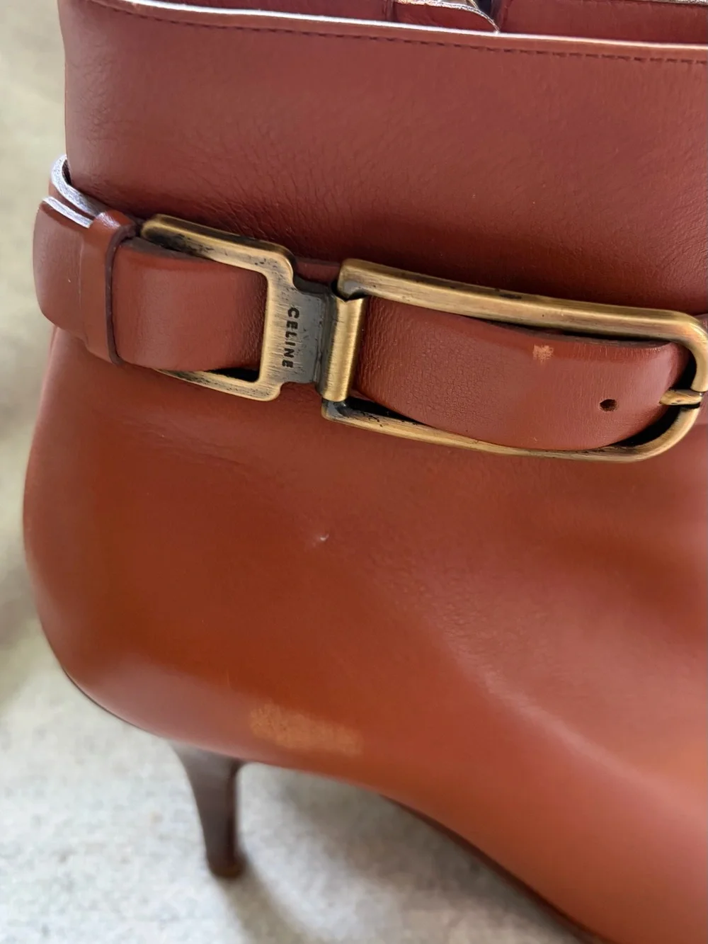 Celine Cognac Leather Pointed Ankle Booties with Buckle